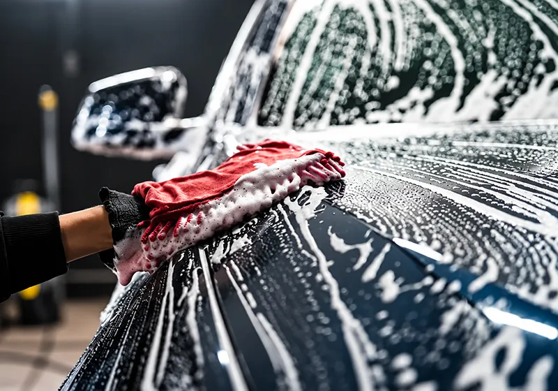 Hand foam car wash with a wash mitt