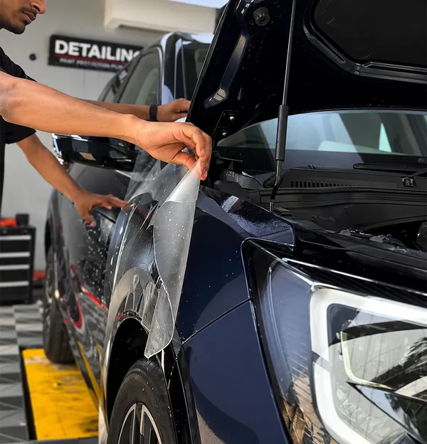 Detailer fitting Garware paint protection film to a car fender